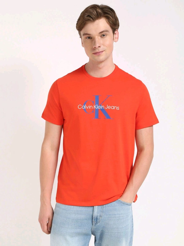 CALVIN KLEIN Mens Orange Solid Casual T-Shirt - Red Orange, M