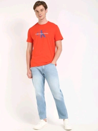CALVIN KLEIN Mens Orange Solid Casual T-Shirt - Red Orange, M