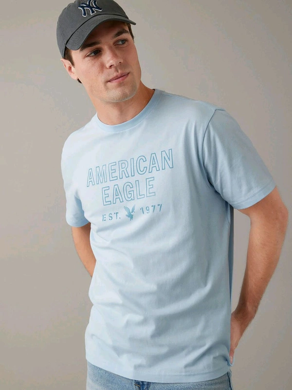 American Eagle Men Blue Super Soft Logo Graphic T-Shirt - Botticelli, M