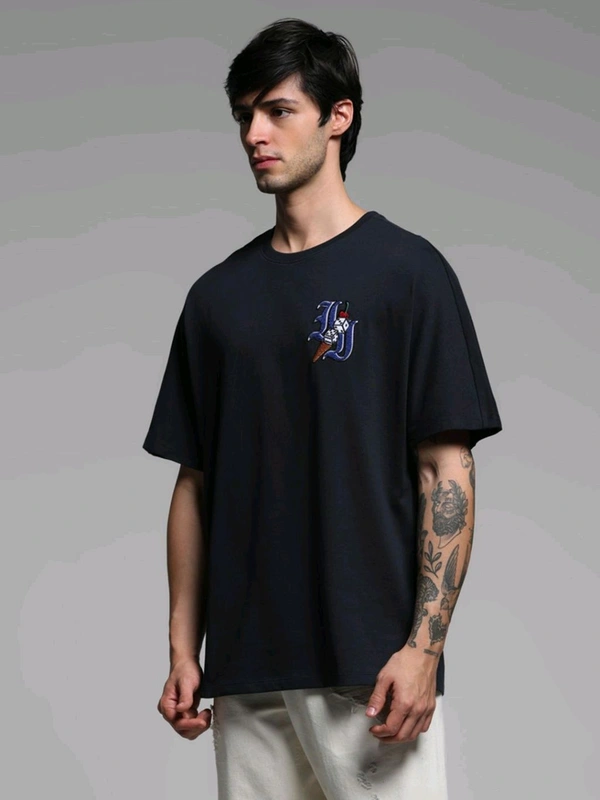 Jack & Jones Navy Blue Oversized Fit Embroidered T-Shirt - Black Rock, L