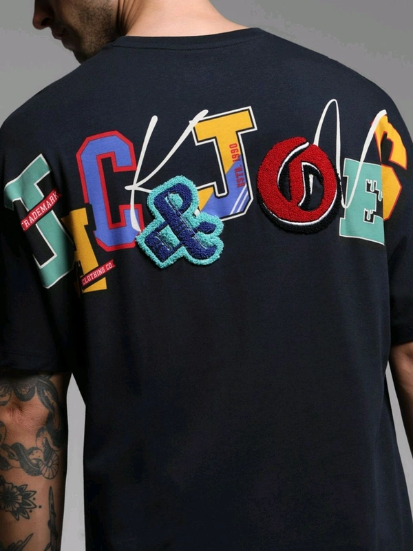 Jack & Jones Navy Blue Oversized Fit Embroidered T-Shirt - Black Rock, L