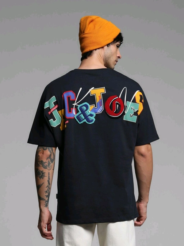 Jack & Jones Navy Blue Oversized Fit Embroidered T-Shirt - Black Rock, XL