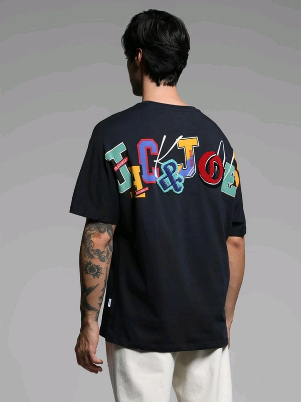 Jack & Jones Navy Blue Oversized Fit Embroidered T-Shirt - Black Rock, XL