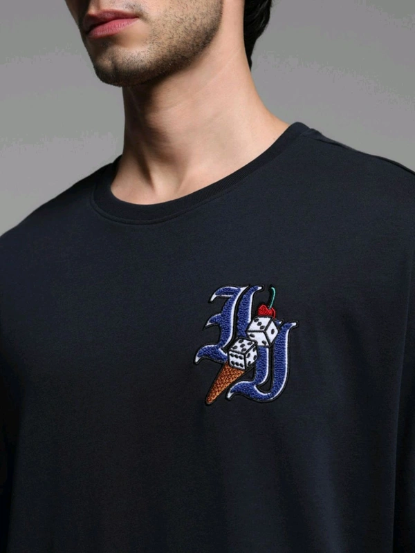 Jack & Jones Navy Blue Oversized Fit Embroidered T-Shirt - Black Rock, XL