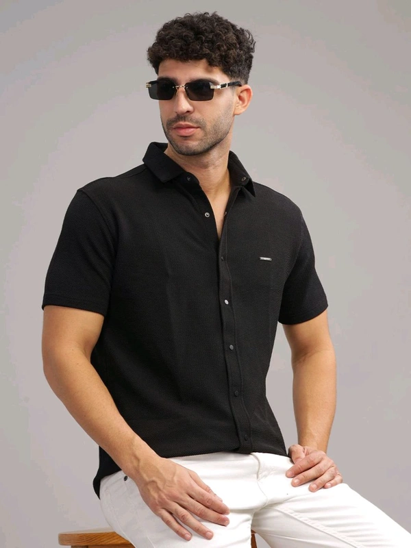 Parcel Yard Men's Black Self Design Shirt With Collar - Black, S