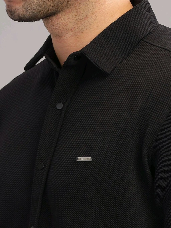 Parcel Yard Men's Black Self Design Shirt With Collar - Black, XL