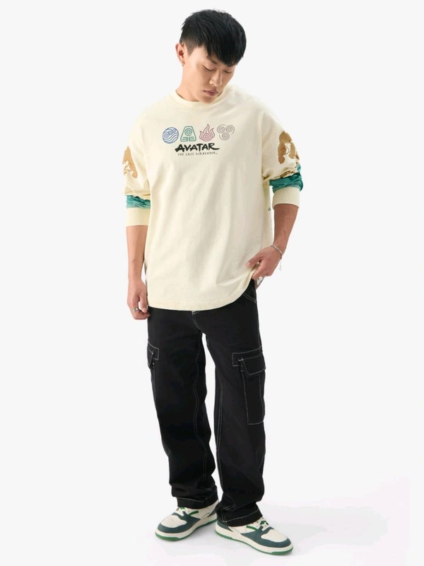 The Souled Store Official Avatar Aang And Appa Men Oversized Full Sleeve T-Shirts - Baja White, S