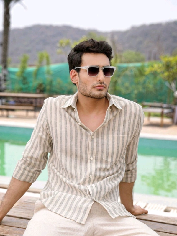 Zorva Men Sage Green Stripes Linen Shirt - Mercury, S