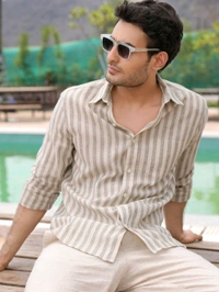 Zorva Men Sage Green Stripes Linen Shirt - Mercury, S