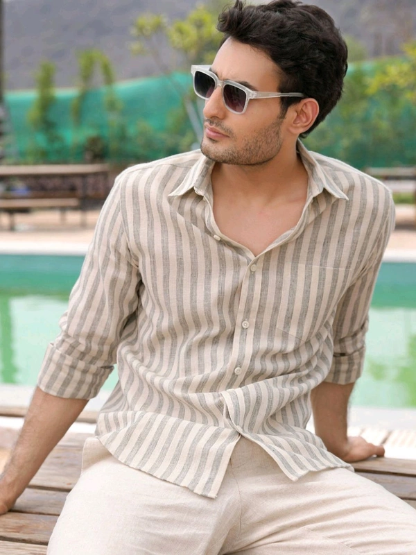 Zorva Men Sage Green Stripes Linen Shirt - Mercury, S