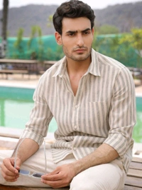 Zorva Men Sage Green Stripes Linen Shirt - Mercury, S