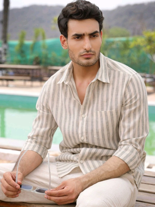 Zorva Men Sage Green Stripes Linen Shirt - Mercury, S