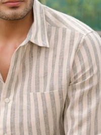Zorva Men Sage Green Stripes Linen Shirt - Mercury, XL