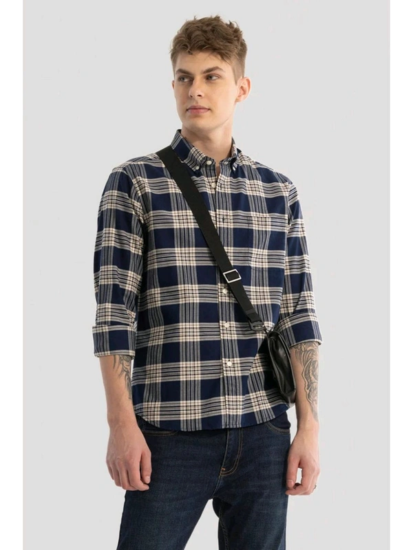 Snitch Navy Blue Checks Oxford Shirt - Jacarta, S
