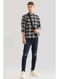 Snitch Navy Blue Checks Oxford Shirt - Jacarta, S