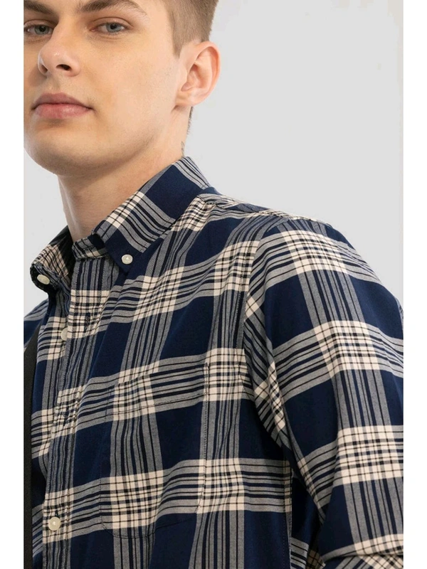 Snitch Navy Blue Checks Oxford Shirt - Jacarta, S