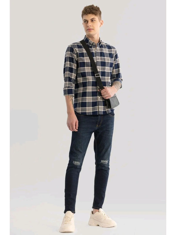 Snitch Navy Blue Checks Oxford Shirt - Jacarta, XL