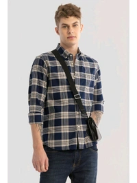 Snitch Navy Blue Checks Oxford Shirt - Jacarta, XL