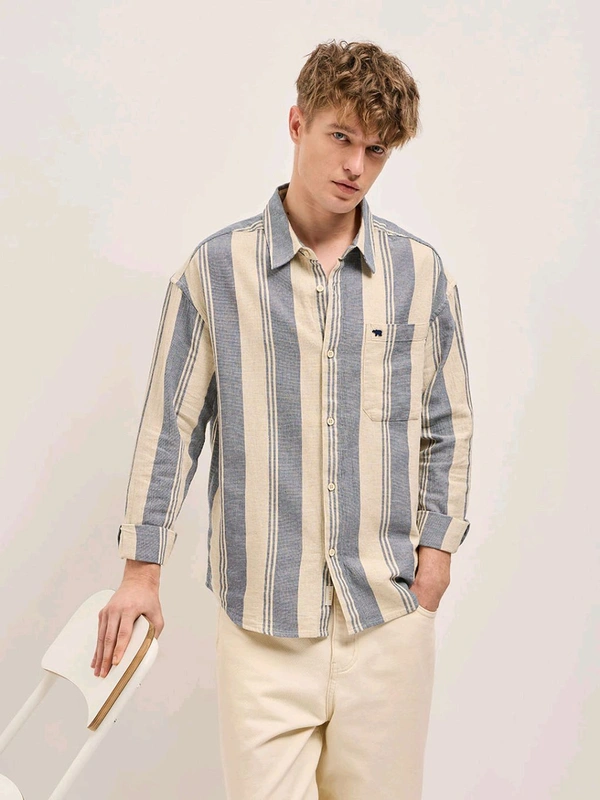 The Bear House Men Blue Cotton Relaxed Fit Casual Shirt - Baja White, XL