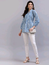 QOMN Blue Printed A-Line Top - Boston Blue, S