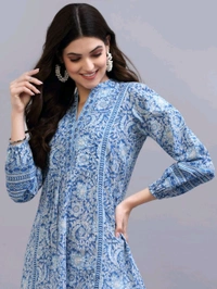 QOMN Blue Printed A-Line Top - Boston Blue, S