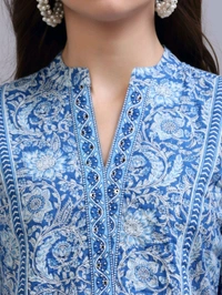 QOMN Blue Printed A-Line Top - Boston Blue, M
