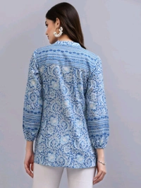 QOMN Blue Printed A-Line Top - Boston Blue, M