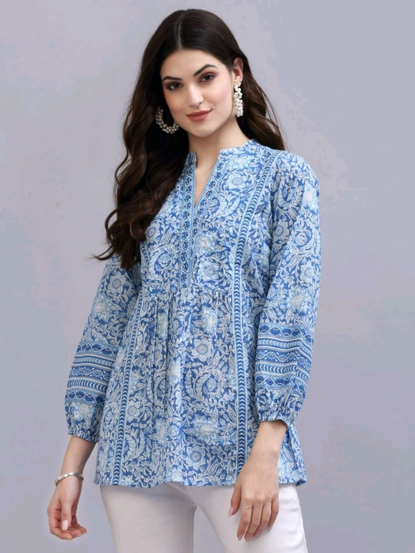 QOMN Blue Printed A-Line Top - Boston Blue, L