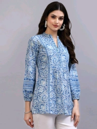 QOMN Blue Printed A-Line Top - Boston Blue, L