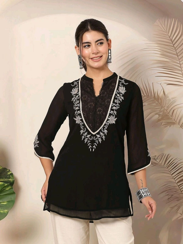  lakshita Embroidered Straight Chiffon Black Tunic for Women - Black, S