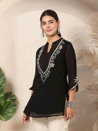  lakshita Embroidered Straight Chiffon Black Tunic for Women - Black, 2XL