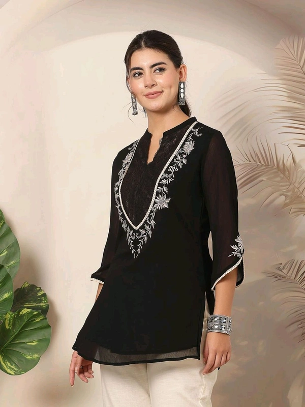  lakshita Embroidered Straight Chiffon Black Tunic for Women - Black, 2XL