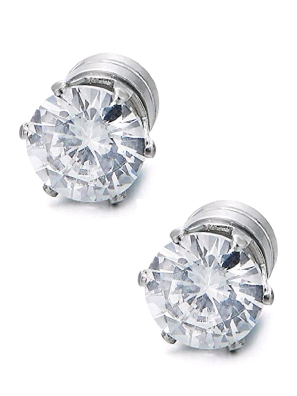 Zorva  Pair of White Cubic Zirconia Silver Small Magnetic Non-Piercing Stud Earrings