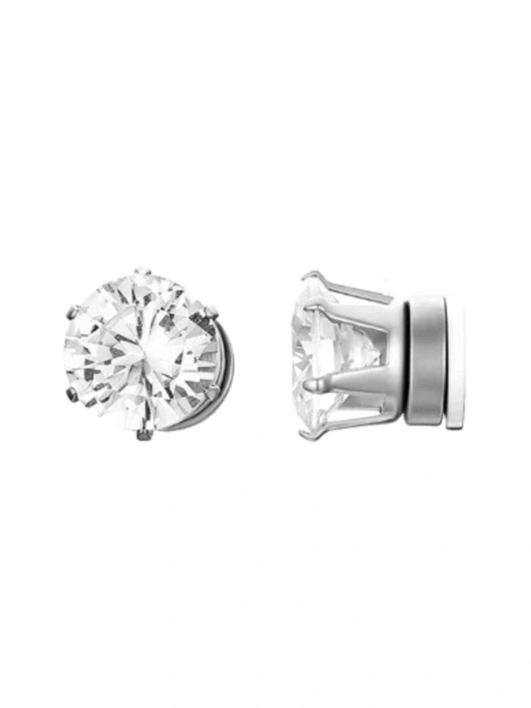 Zorva  Pair of White Cubic Zirconia Silver Small Magnetic Non-Piercing Stud Earrings