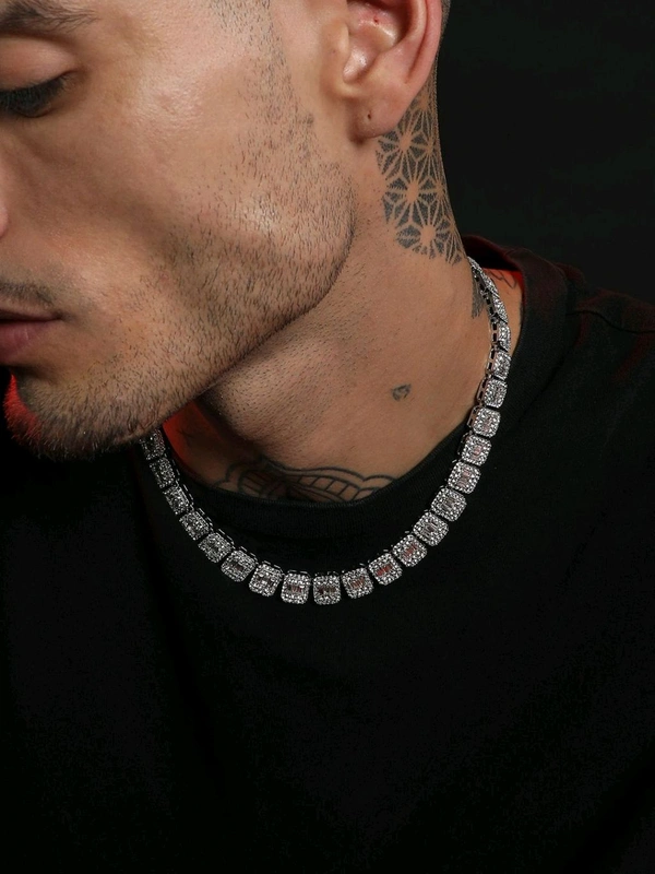 Zorva Men Geometric Bling Collar Necklace - Silver