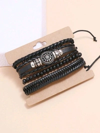 Zorva Men Black Leather Multi-Strand Beads Bracelets