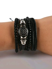 Zorva Men Black Leather Multi-Strand Beads Bracelets