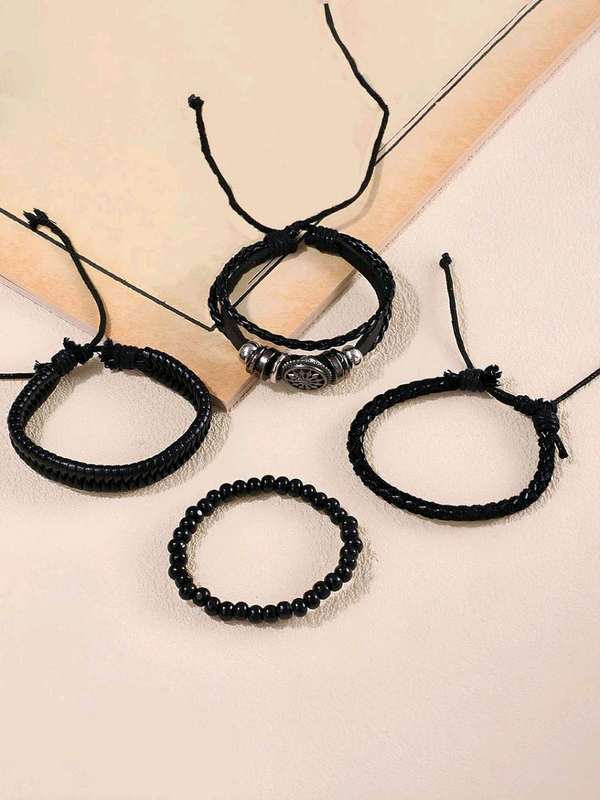 Zorva Men Black Leather Multi-Strand Beads Bracelets