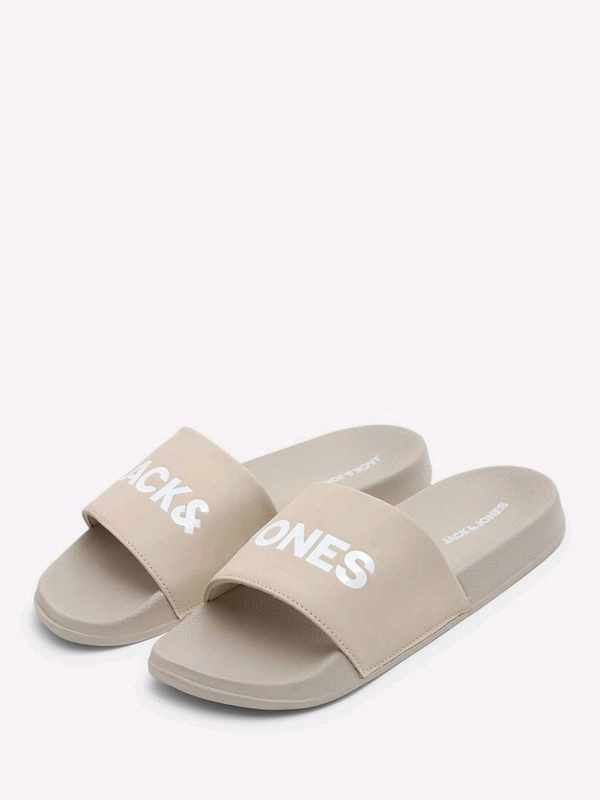 Jack & Jones Beige Logo Print Pool Sliders - Bone, UK 09