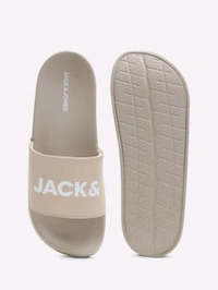 Jack & Jones Beige Logo Print Pool Sliders - Bone, UK 09