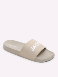 Jack & Jones Beige Logo Print Pool Sliders - Bone, UK 09