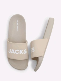Jack & Jones Beige Logo Print Pool Sliders - Bone, UK 09