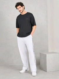 Styli Men's White Contrast Piping and Popper Oversized Open Hem Cotton Trackpant - White, XL