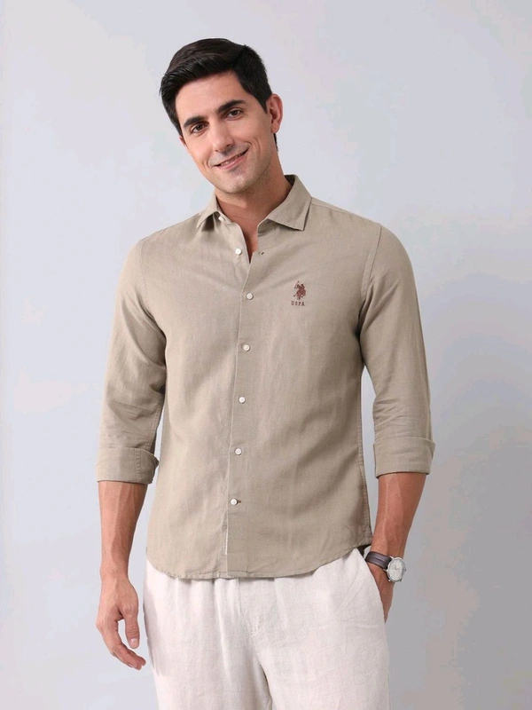 U.S POLO ASSN. Solid Beige Full Sleeves Collar Neck Shirt - Cameo, S