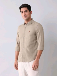 U.S POLO ASSN. Solid Beige Full Sleeves Collar Neck Shirt - Cameo, S
