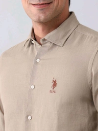 U.S POLO ASSN. Solid Beige Full Sleeves Collar Neck Shirt - Cameo, S