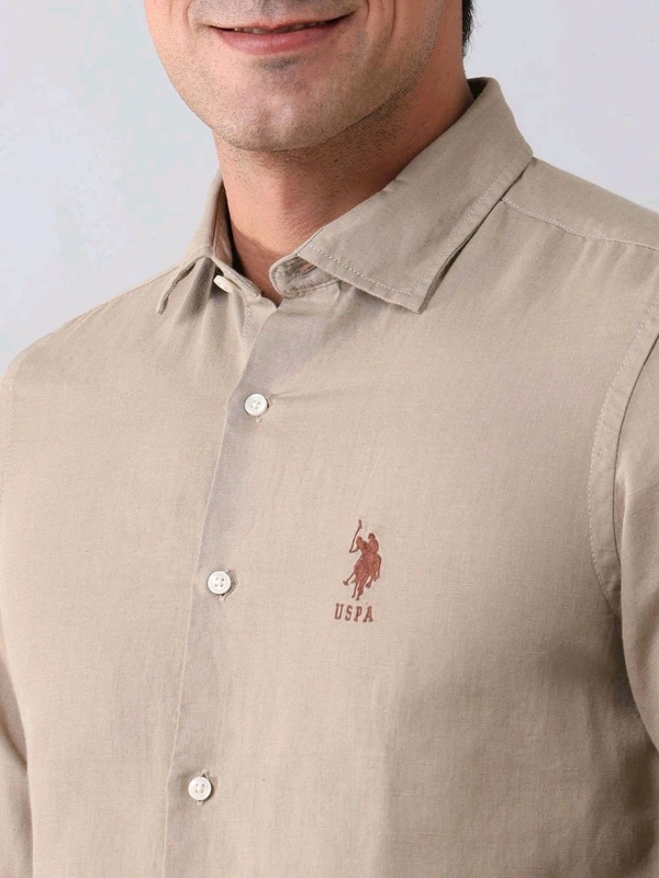 U.S POLO ASSN. Solid Beige Full Sleeves Collar Neck Shirt - Cameo, S