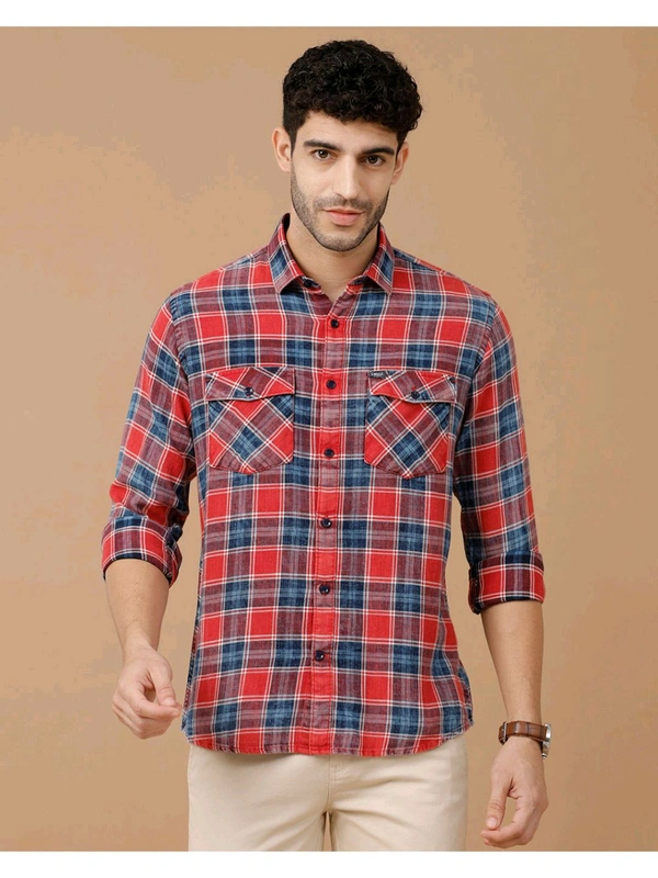 Cavallo By Linen Club Blended Linen Red Checked Casual Shirt - Red Orange, M