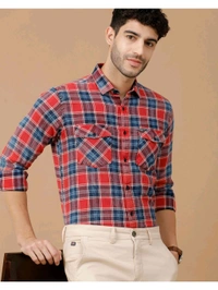 Cavallo By Linen Club Blended Linen Red Checked Casual Shirt - Red Orange, M