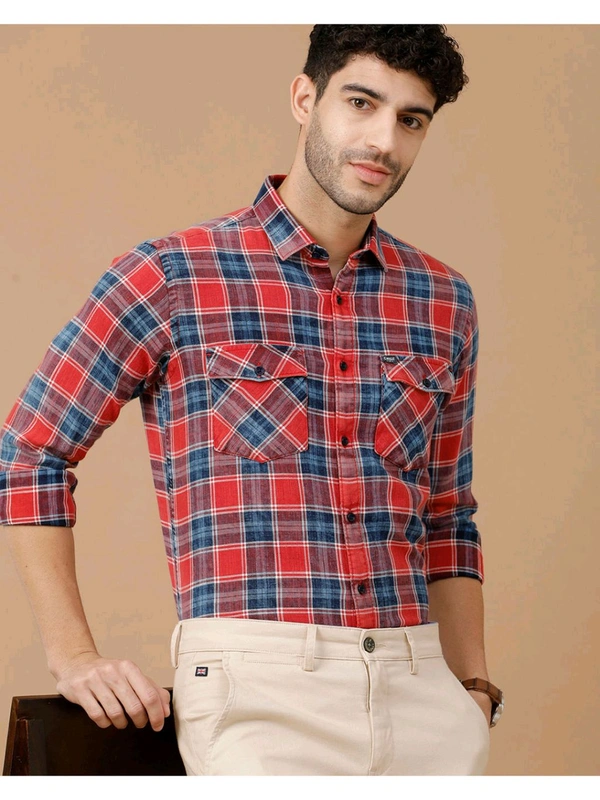 Cavallo By Linen Club Blended Linen Red Checked Casual Shirt - Red Orange, M